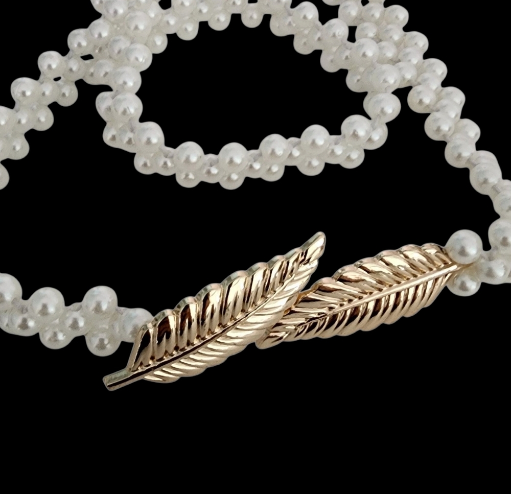 Y2K pearl belt gold leaf buckle white pearl beads vintage elastic expandable - Picture 13 of 14